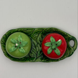 Vintage Tomato Salt & Pepper Shakers on Leaf Tray – Ceramic Set